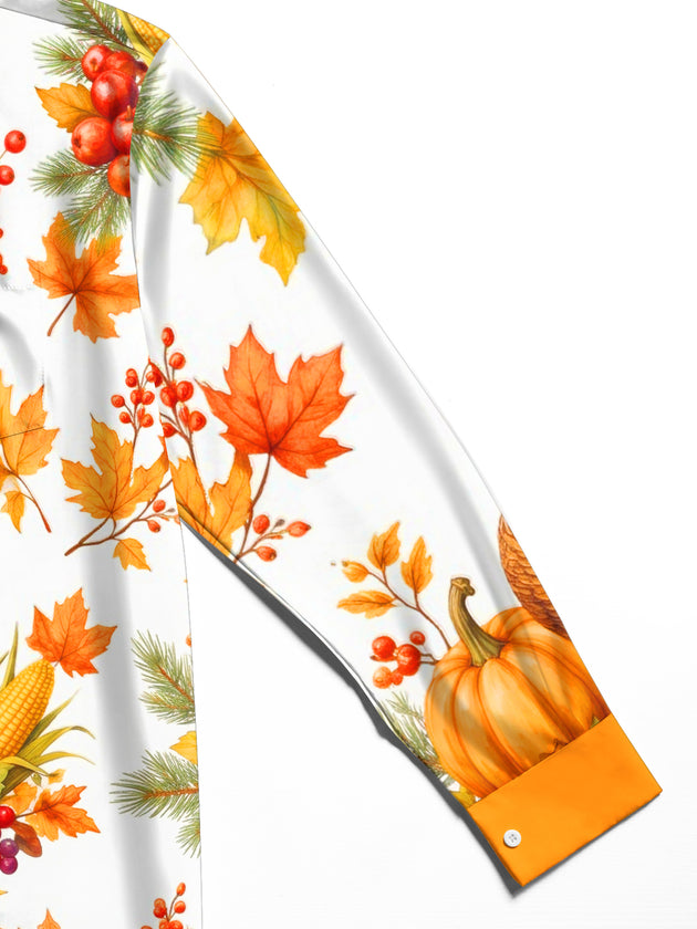 Adaychic Men's Thanksgiving Turkey And Harvest Produce Print Long Sleeve Shirt with Chest Pocket