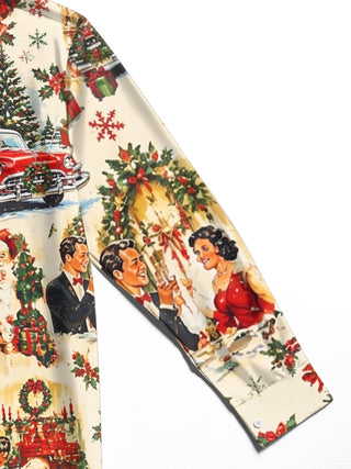 Adaychic Men's Long Sleeve Shirt - Vintage Christmas Scenes With Santa Claus And Families Print with Chest Pocket