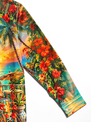 Adaychic Men's Hawaiian Drum Set And Tropical Sunset Print Long Sleeve Shirt with Chest Pocket