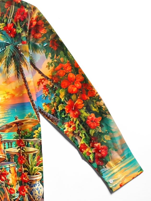 Adaychic Men's Hawaiian Drum Set And Tropical Sunset Print Long Sleeve Shirt with Chest Pocket
