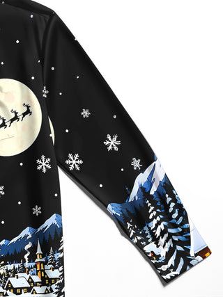 Adaychic Men's Graphic Christmas Snowy Village Night Scene Print Long Sleeve Shirt with Chest Pocket