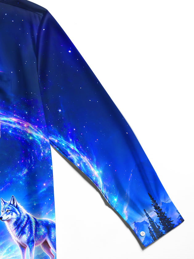 Adaychic Men's Graphic Eagle And Wolf In Cosmic Galaxy Print Long Sleeve Shirt with Chest Pocket