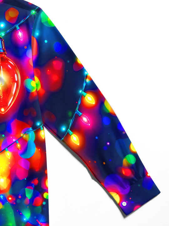 Adaychic Men's Colorful Christmas Light Bulbs And Bokeh Print Long Sleeve Shirt with Chest Pocket