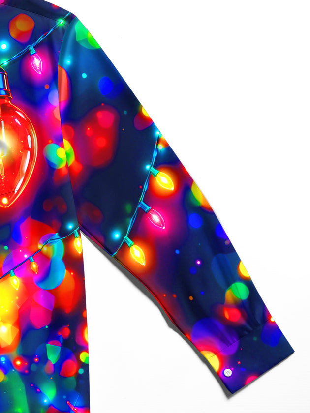 Adaychic Men's Colorful Christmas Light Bulbs And Bokeh Print Long Sleeve Shirt with Chest Pocket
