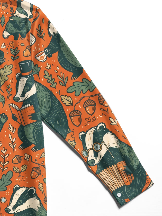 Adaychic Men's Long Sleeve Shirt - Vintage Gentleman Badgers With Forest Elements Print with Chest Pocket