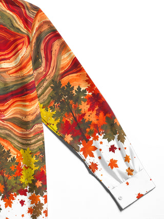 Adaychic Men's Autumn Maple Leaves And Wavy Lines Print Long Sleeve Shirt with Chest Pocket