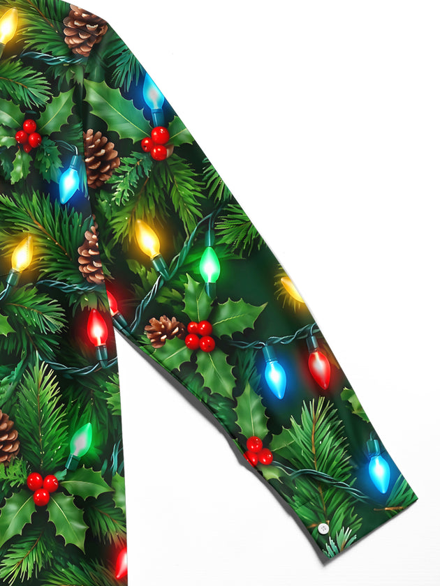 Adaychic Men's Long Sleeve Shirt - Christmas Light Strings With Pinecones And Holly Print with Chest Pocket