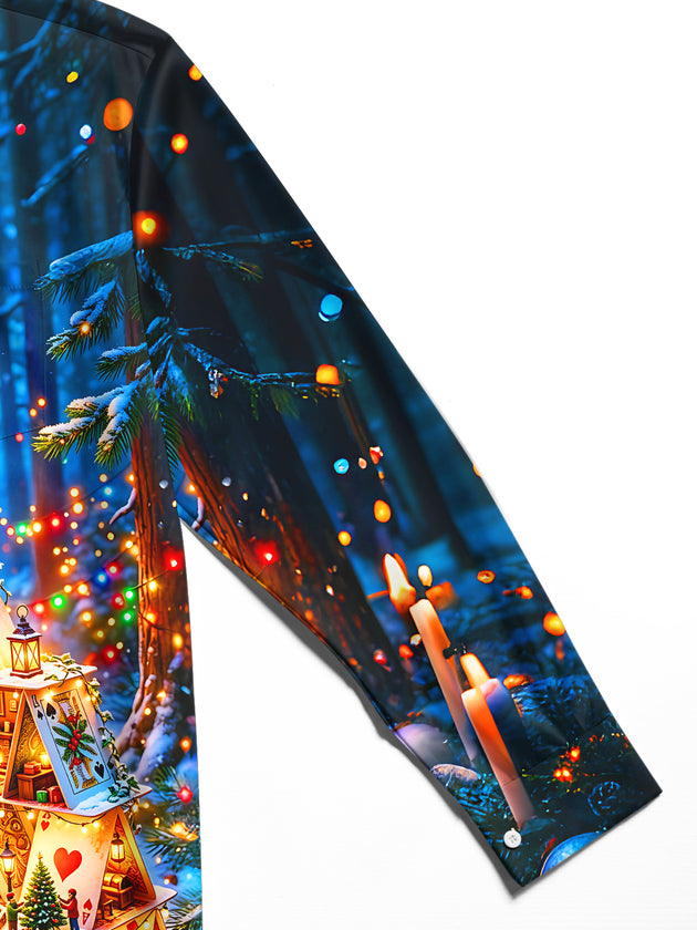 Adaychic Men's Printed Christmas Card House Print Long Sleeve Shirt with Chest Pocket
