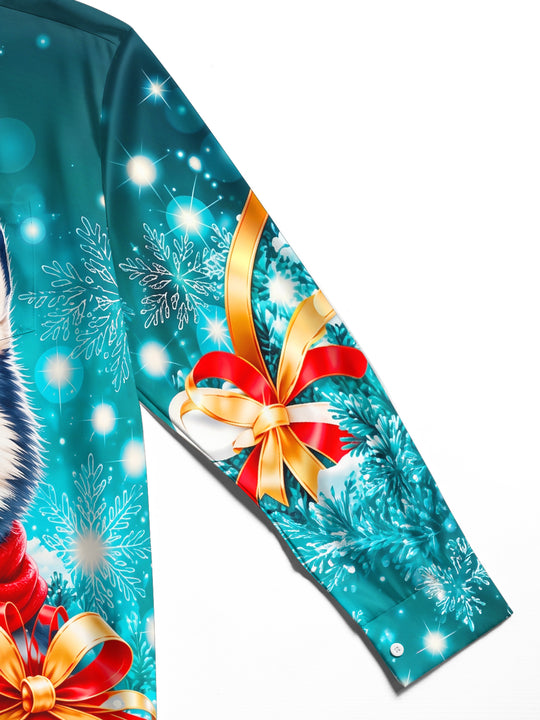 Adaychic Men's Long Sleeve Shirt - Christmas Husky Dog With Red Scarf And Gift Box Print with Chest Pocket