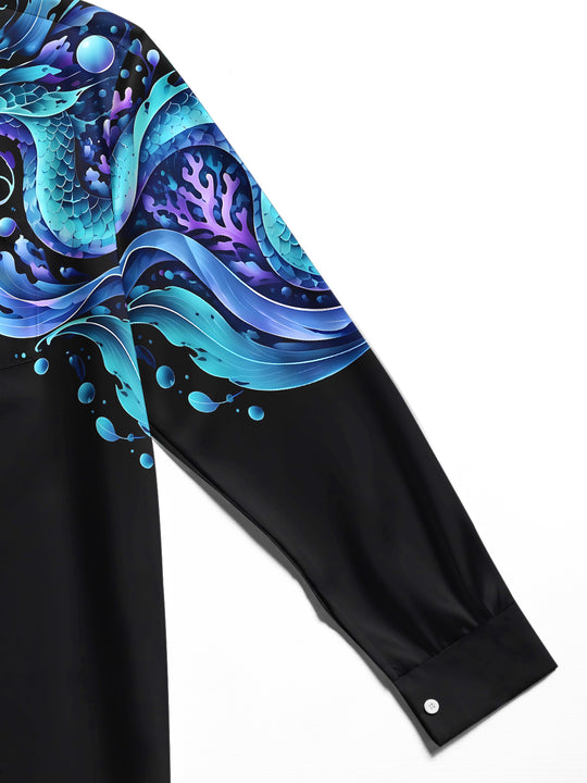 Adaychic Men's Hawaiian Dragon And Ocean Waves Print Long Sleeve Shirt with Chest Pocket