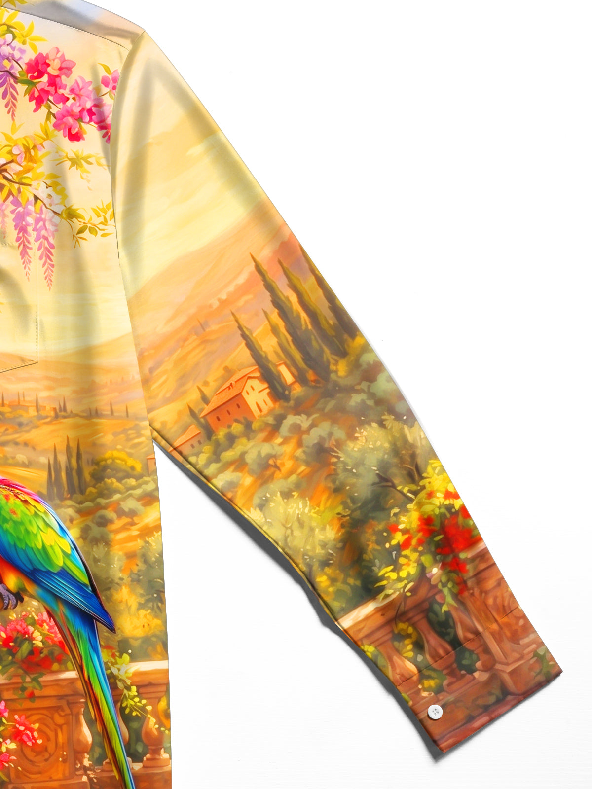 Adaychic Men's Colorful Parrot And Garden Fountain Print Long Sleeve Shirt with Chest Pocket