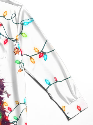 Adaychic Men's Long Sleeve Shirt - Black Cat With Christmas Lights And Knit Hat Print with Chest Pocket