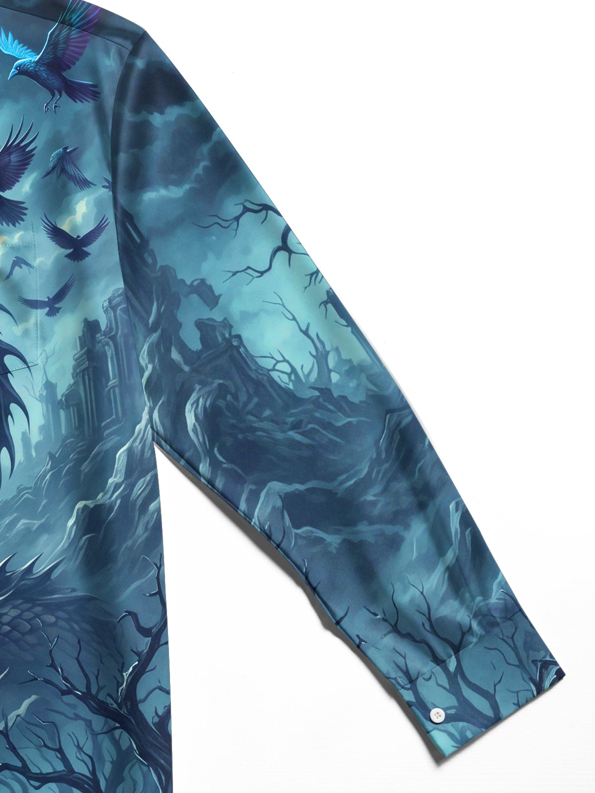 Adaychic Men's Dragon And Wolves In A Moonlit Forest Print Long Sleeve Shirt with Chest Pocket