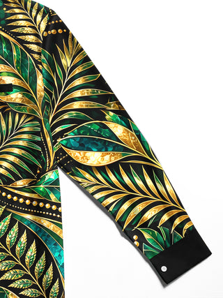 Adaychic Men's Gold And Green Palm Leaves And Ferns Print Long Sleeve Shirt with Chest Pocket