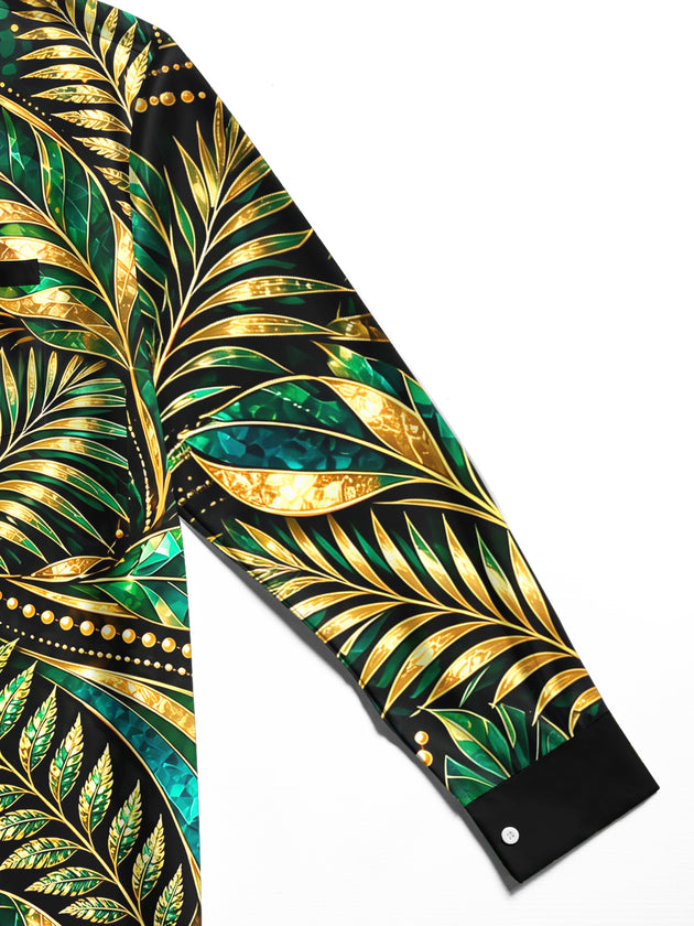Adaychic Men's Gold And Green Palm Leaves And Ferns Print Long Sleeve Shirt with Chest Pocket