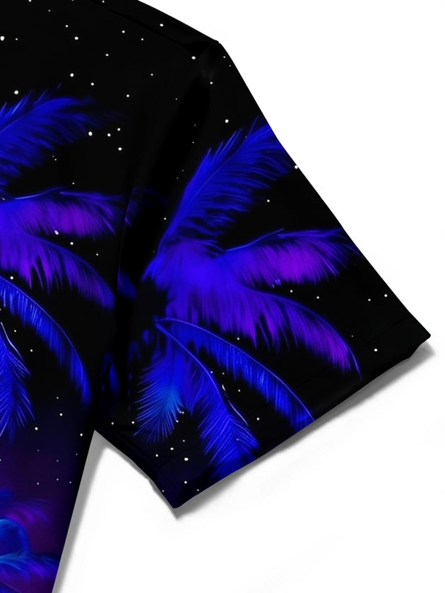 Adaychic Men's Black Graphic Tropical Palm Tree Sunset Print Short Sleeve Button Down Shirt with Chest Pocket