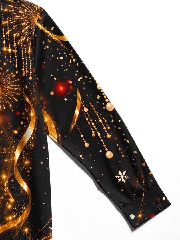 Adaychic Men's New Year Champagne Glasses And Clock Print Long Sleeve Shirt with Chest Pocket