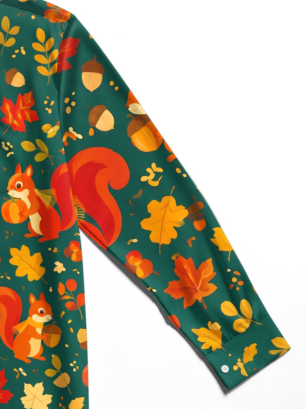 Adaychic Men's Autumn Squirrel And Maple Leaf Pattern Long Sleeve Shirt with Chest Pocket