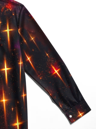 Adaychic Men's Long Sleeve Shirt - Glowing Golden Crosses On Cosmic Background Print with Chest Pocket