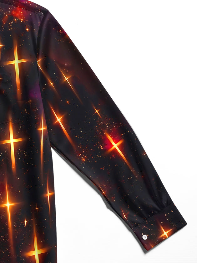 Adaychic Men's Long Sleeve Shirt - Glowing Golden Crosses On Cosmic Background Print with Chest Pocket
