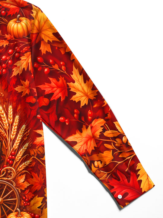 Adaychic Men's Autumn Carriage With Pumpkins And Leaves Print Long Sleeve Shirt with Chest Pocket