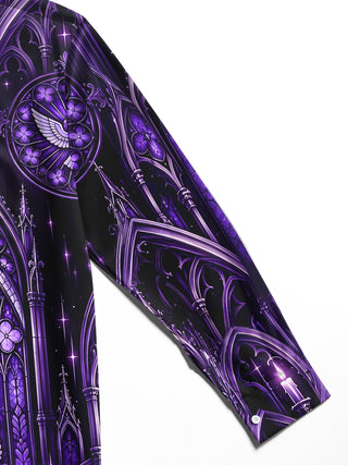 Adaychic Men's Long Sleeve Shirt - Gothic Cathedral Stained Glass With Cross And Dove Print with Chest Pocket