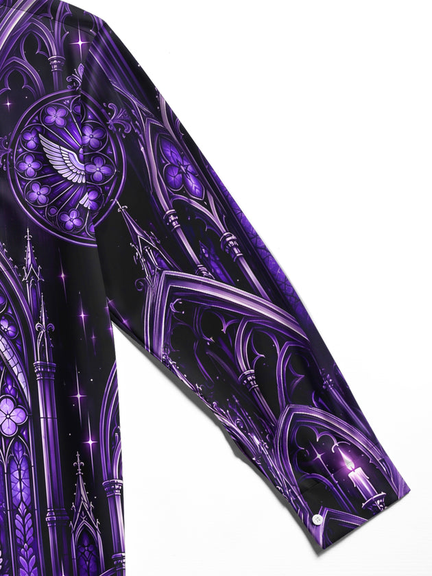 Adaychic Men's Long Sleeve Shirt - Gothic Cathedral Stained Glass With Cross And Dove Print with Chest Pocket
