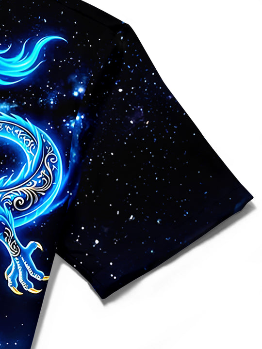 Adaychic Men's Graphic Blue Dragon Print Short Sleeve Shirt with Chest Pocket