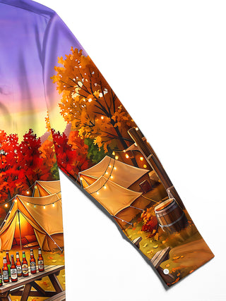 Adaychic Men's Vintage Style Autumn Camping Scene Print Long Sleeve Shirt with Chest Pocket