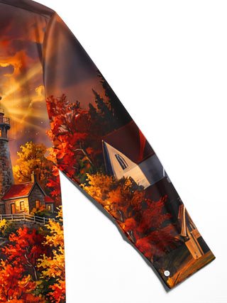 Adaychic Men's Autumn Lighthouse Cliff Landscape Print Long Sleeve Shirt with Chest Pocket