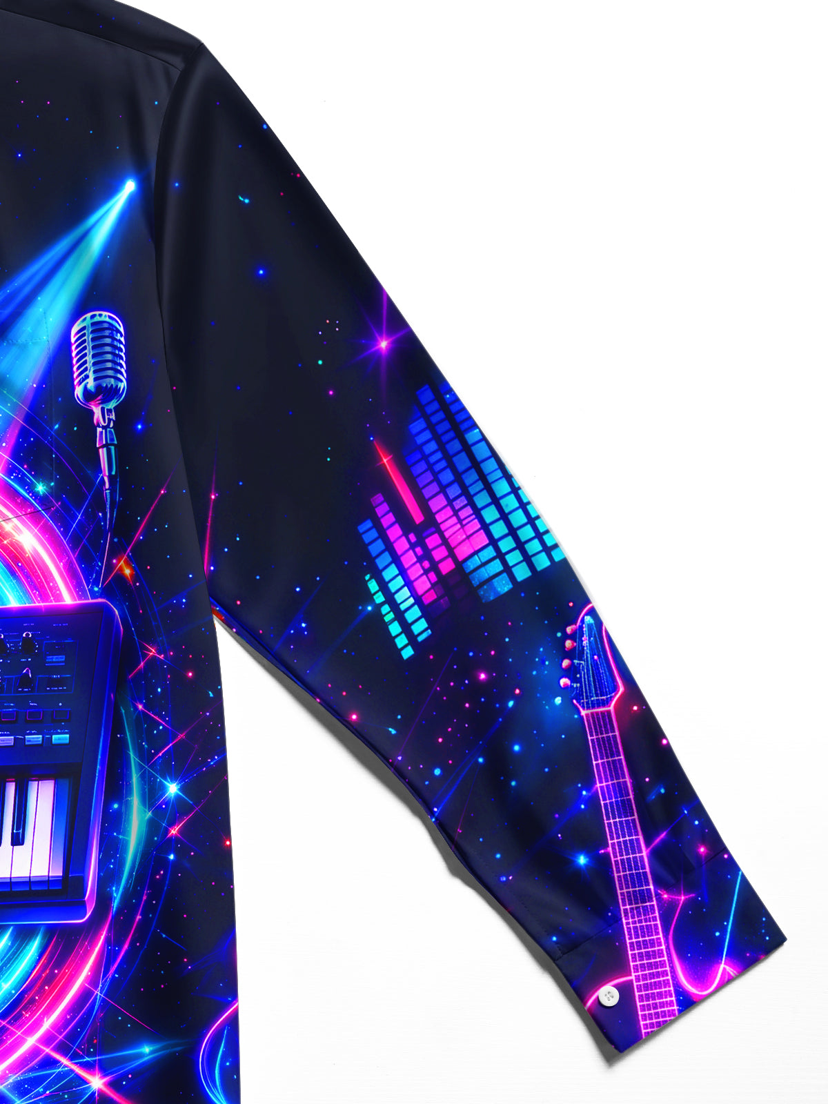 Adaychic Men's Long Sleeve Stand Collar Shirt - Neon Synthesizer Keyboard And Musical Instruments Print