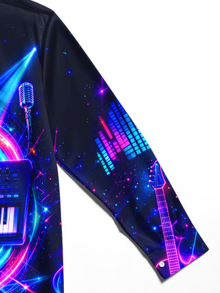 Adaychic Men's Long Sleeve Stand Collar Shirt - Neon Synthesizer Keyboard And Musical Instruments Print