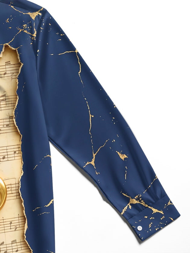 Adaychic Men's Long Sleeve Shirt - Vintage Sheet Music And Golden Treble Clefs Print with Chest Pocket