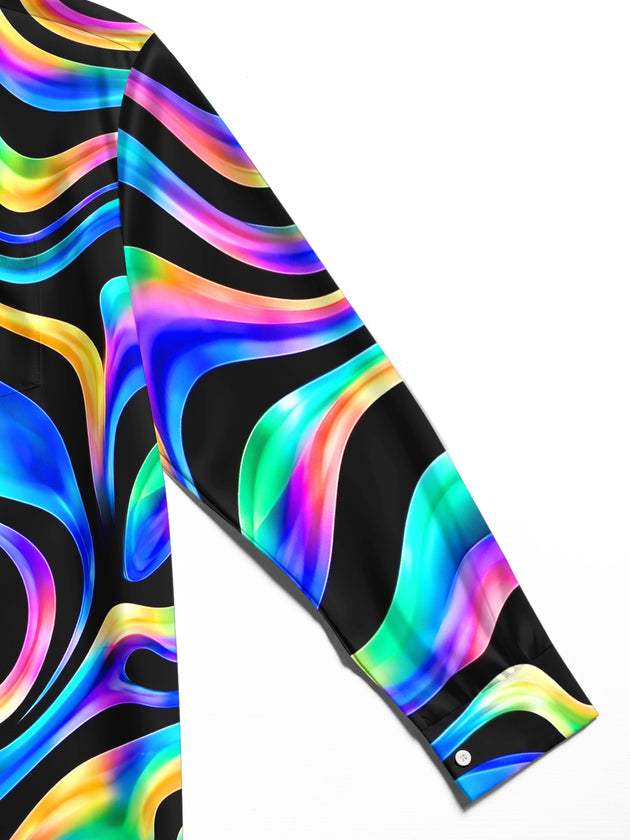 Adaychic Men's Printed Neon Abstract Wavy Lines Print Long Sleeve Shirt with Chest Pocket