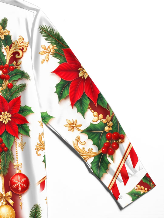 Adaychic Men's Long Sleeve Shirt - Poinsettia And Holly With Christmas Ornaments Print with Chest Pocket