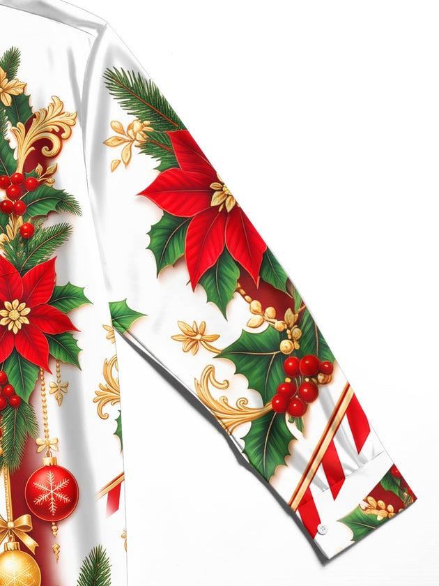 Adaychic Men's Long Sleeve Shirt - Poinsettia And Holly With Christmas Ornaments Print with Chest Pocket