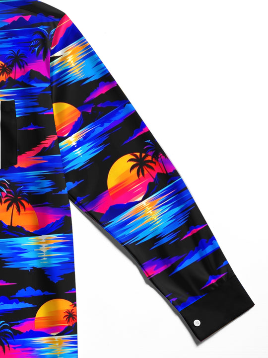 Adaychic Men's Neon Sunset Palm Trees And Ocean Waves Print Long Sleeve Shirt with Chest Pocket