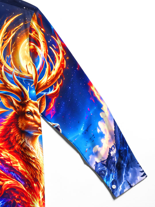 Adaychic Men's Long Sleeve Shirt - Deer And Cross With Fire And Ice Landscape Print with Chest Pocket