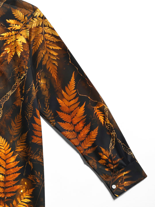 Adaychic Men's Golden Fern Leaves And Snake Skin Pattern Long Sleeve Shirt with Chest Pocket