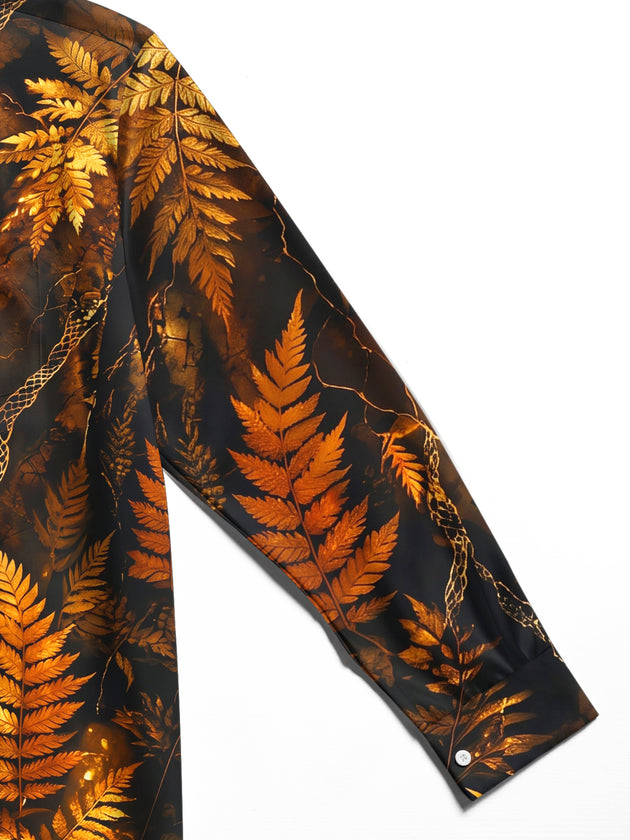 Adaychic Men's Golden Fern Leaves And Snake Skin Pattern Long Sleeve Shirt with Chest Pocket