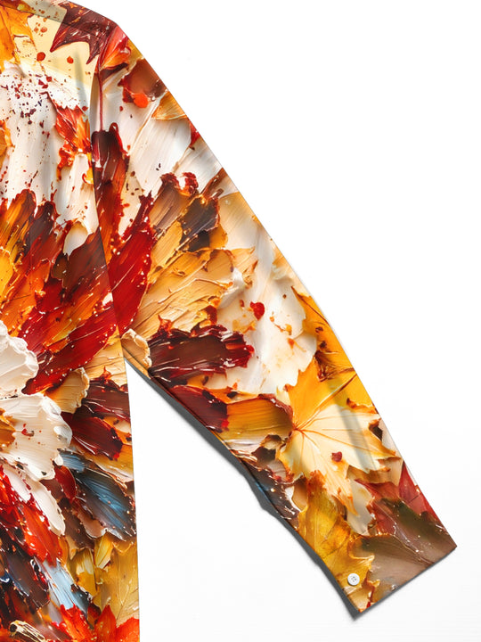 Adaychic Men's Long Sleeve Shirt - Thanksgiving Day Turkey And Autumn Leaves Print with Chest Pocket