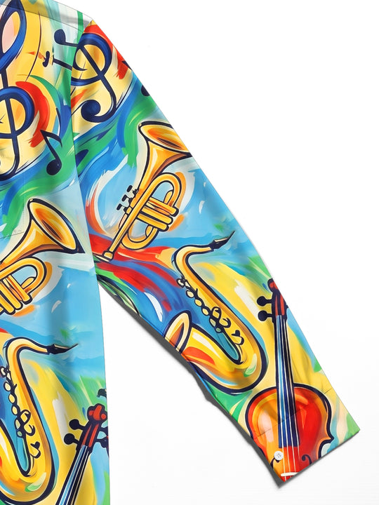 Adaychic Men's Hawaiian Musical Instruments Print Long Sleeve Shirt with Chest Pocket
