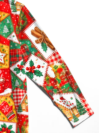 Adaychic Men's Graphic Christmas Patchwork Motifs Print Long Sleeve Shirt with Chest Pocket