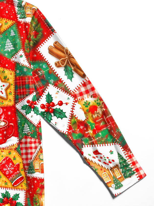 Adaychic Men's Graphic Christmas Patchwork Motifs Print Long Sleeve Shirt with Chest Pocket