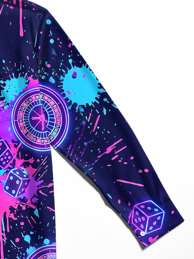 Adaychic Men's Neon Casino Elements With Splash Ink Print Long Sleeve Shirt with Chest Pocket