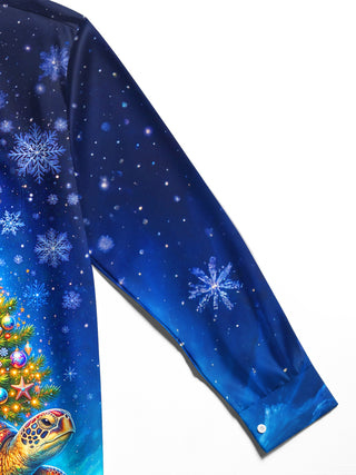 Adaychic Men's Graphic Sea Turtle And Christmas Tree Print Long Sleeve Shirt with Chest Pocket