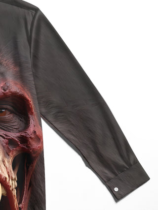 Adaychic Men's Graphic 3D Orangutan Skull And Face Print Long Sleeve Shirt with Chest Pocket