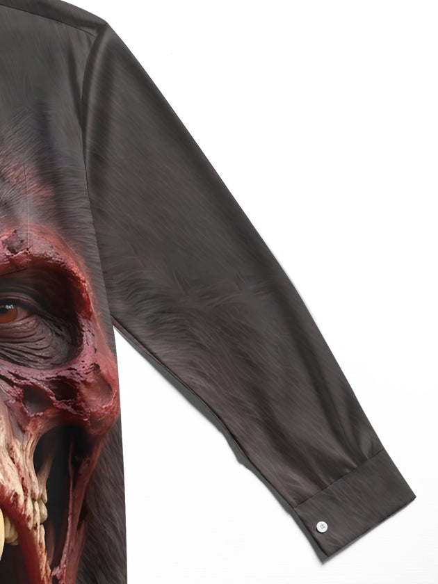 Adaychic Men's Graphic 3D Orangutan Skull And Face Print Long Sleeve Shirt with Chest Pocket