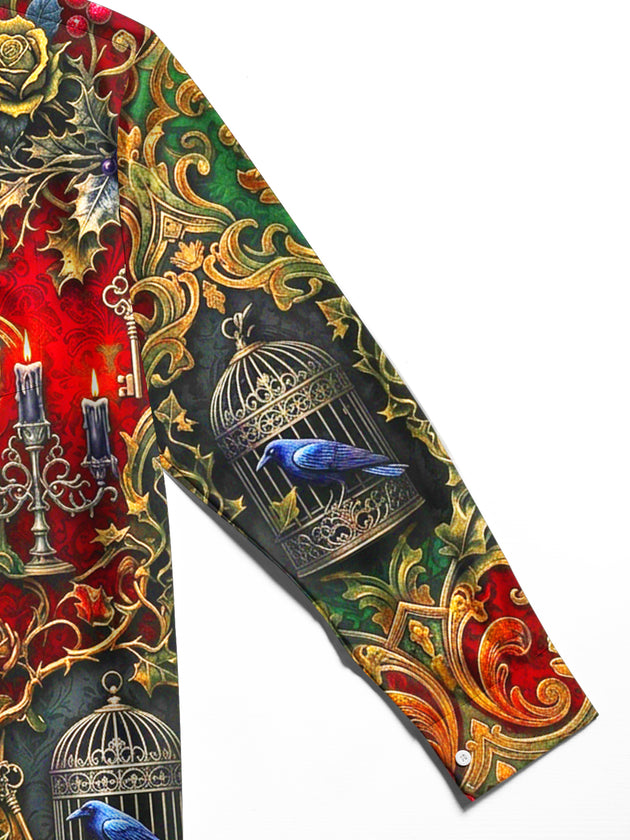 Adaychic Men's Long Sleeve Shirt - Christmas Vintage Gothic Candelabras And Raven Birdcages Print with Chest Pocket