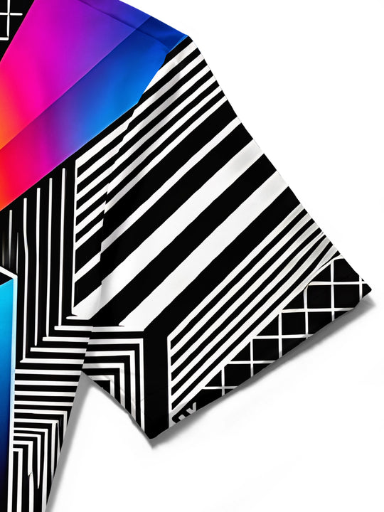 Adaychic Men's Geometric Rainbow Hexagon And Stripes Print Short Sleeve Shirt with Chest Pocket